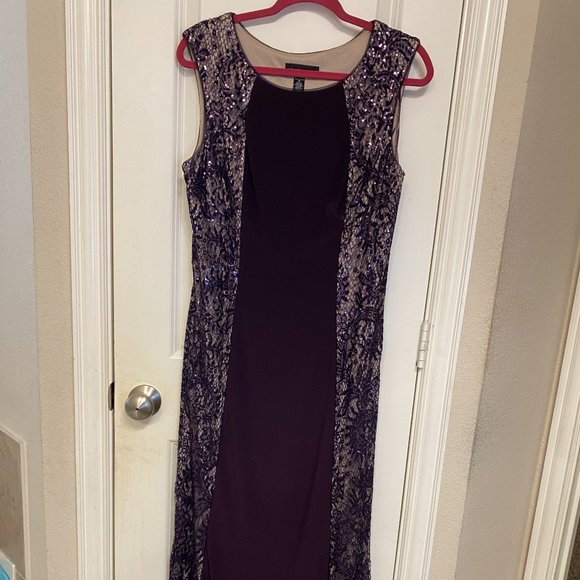 R & M Richards Purple Plum Long Embellished Illusion-Detail Gown - Picture 1 of 9